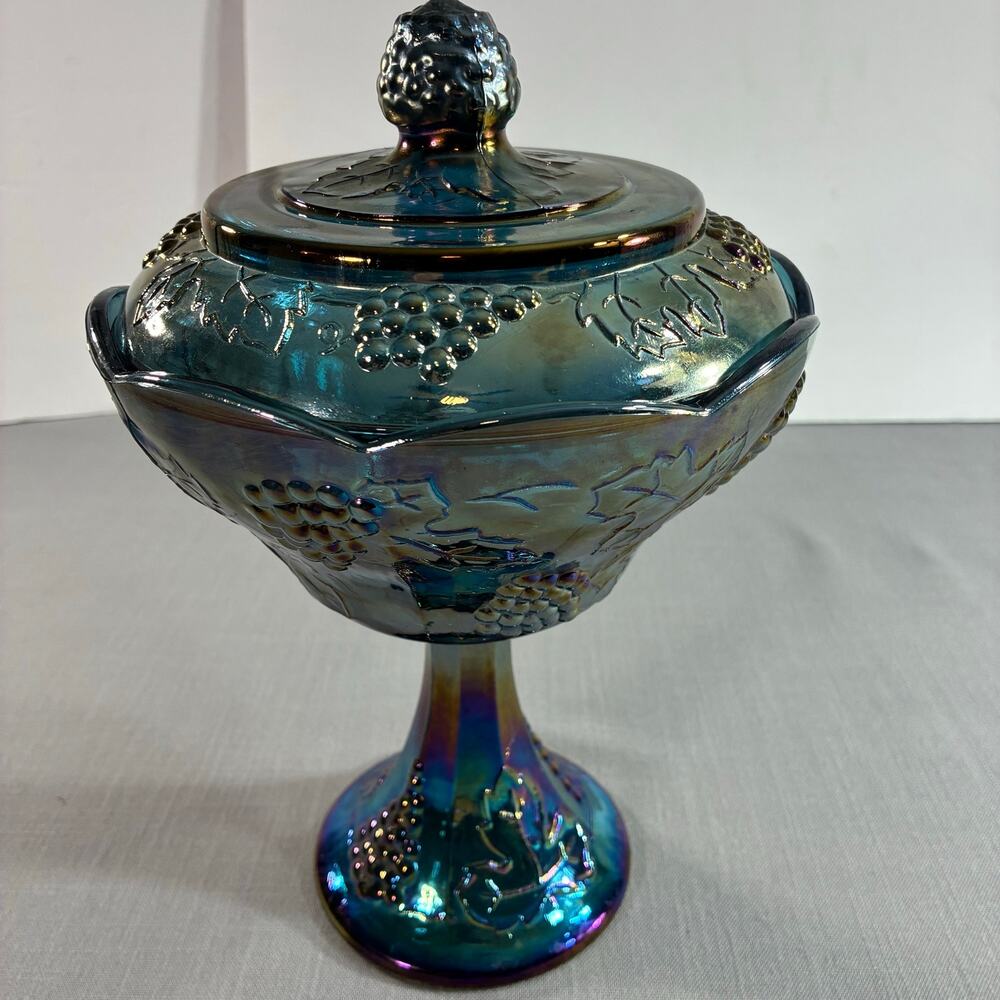 Vintage Blue Carnival Glass Grape Harvest Covered Pedestal Candy Dish Compote